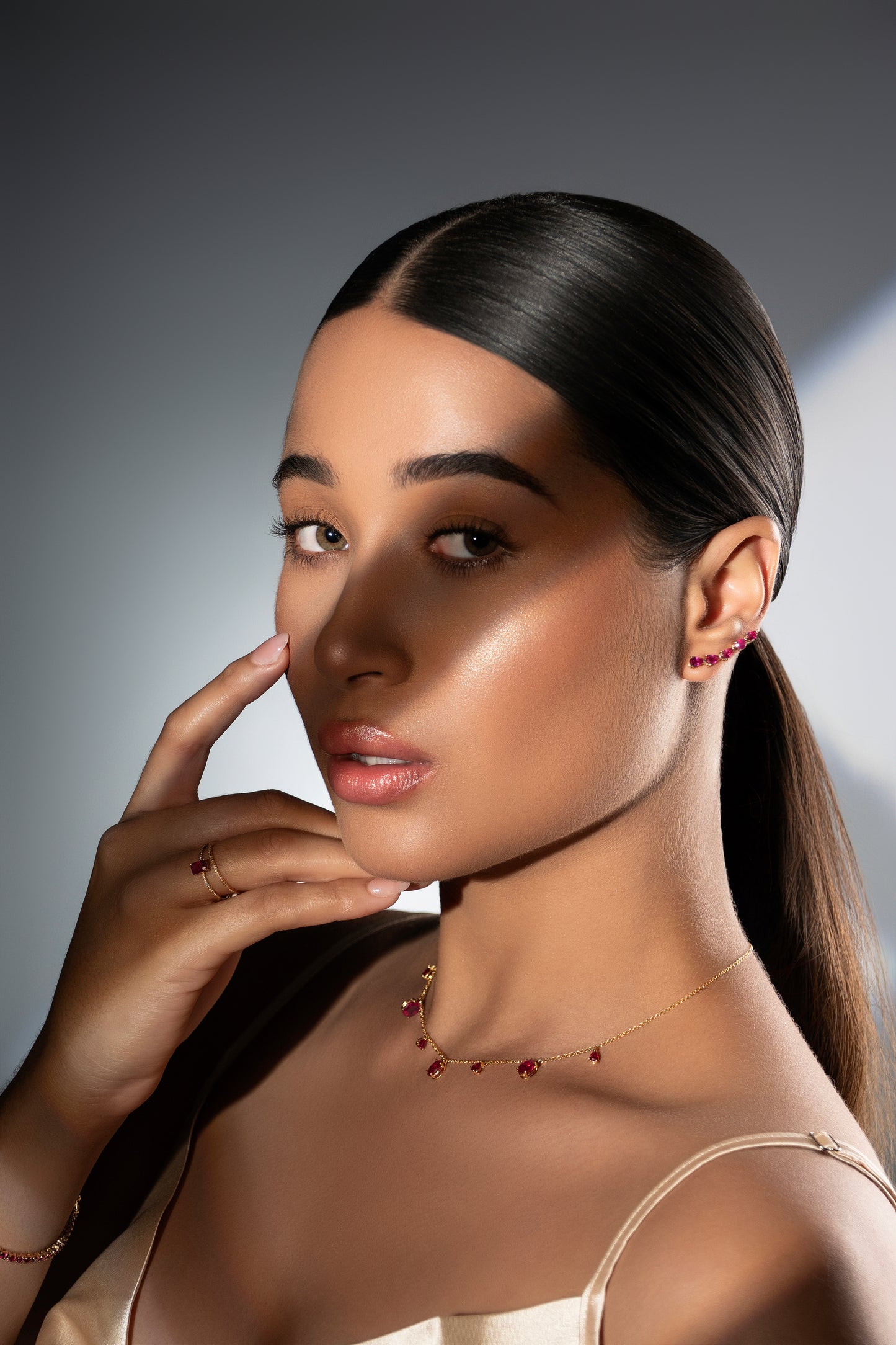 18K Yellow Gold Ruby Pear Climber Earring