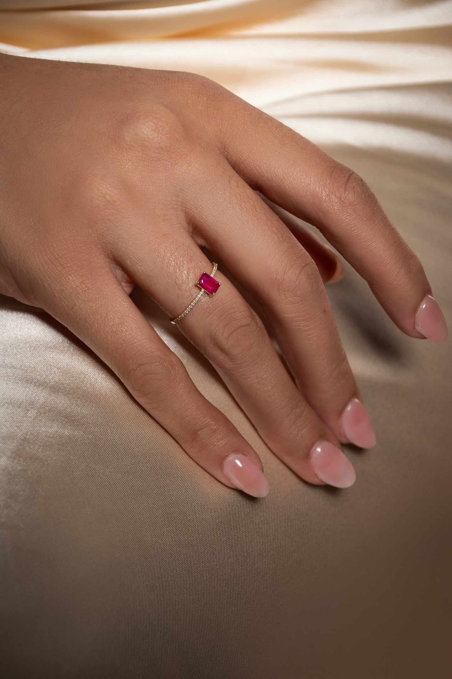 18K Yellow Gold Diamond ring emerald cut ruby center stone