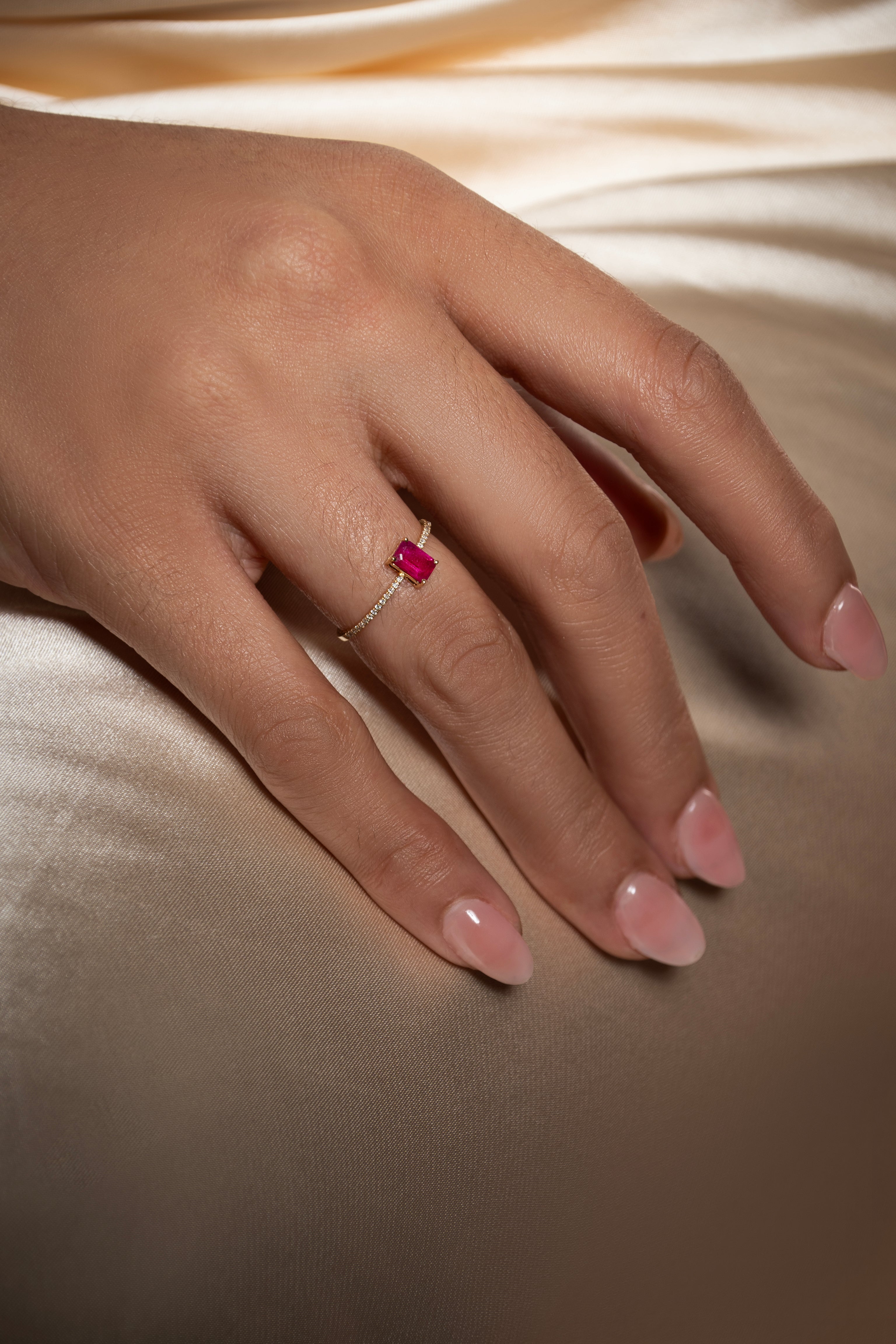 18K Yellow Gold Diamond ring emerald cut ruby center stone