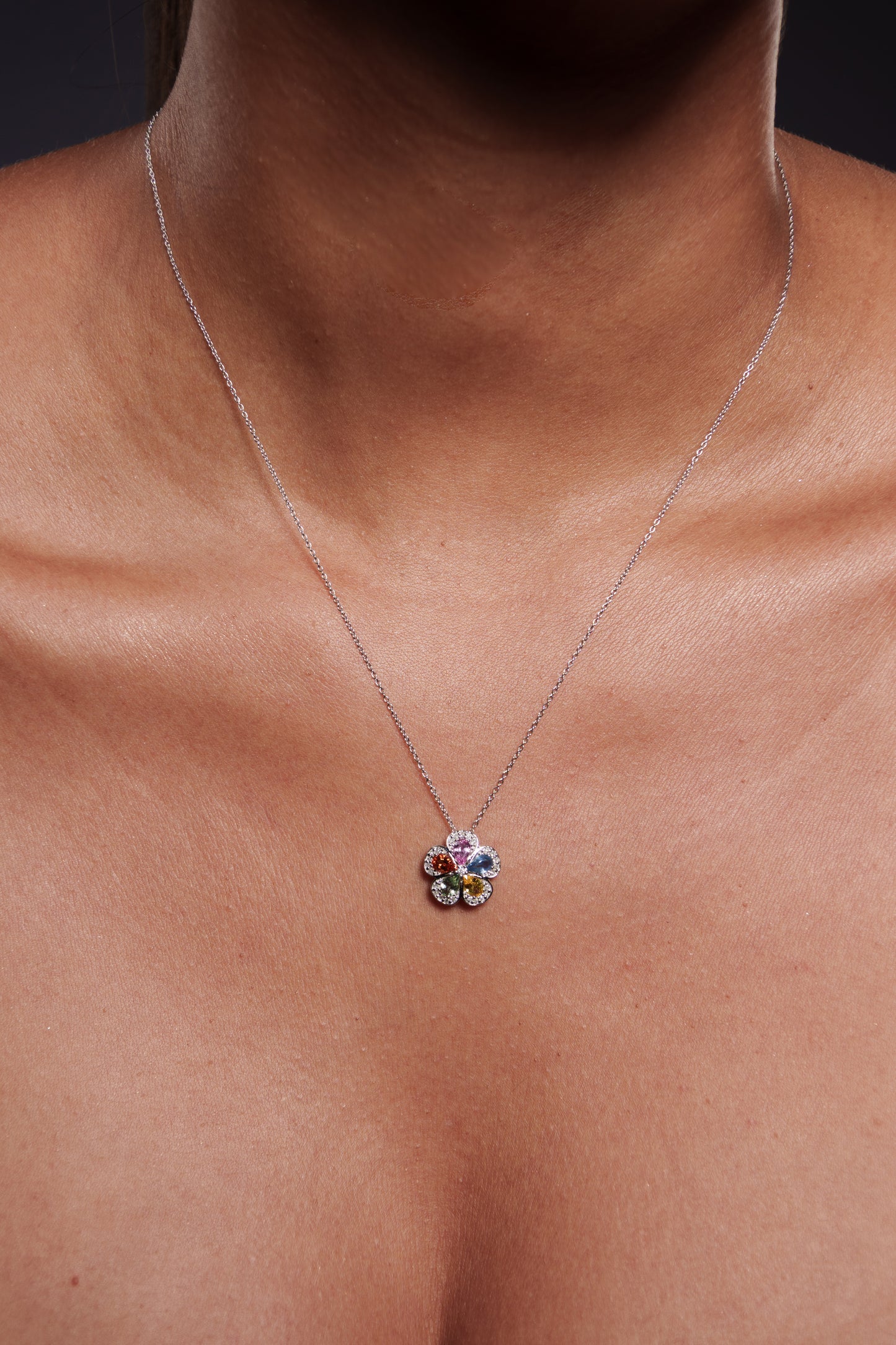 Gold Necklace with Floral Pendant, Diamonds and 5 Stones