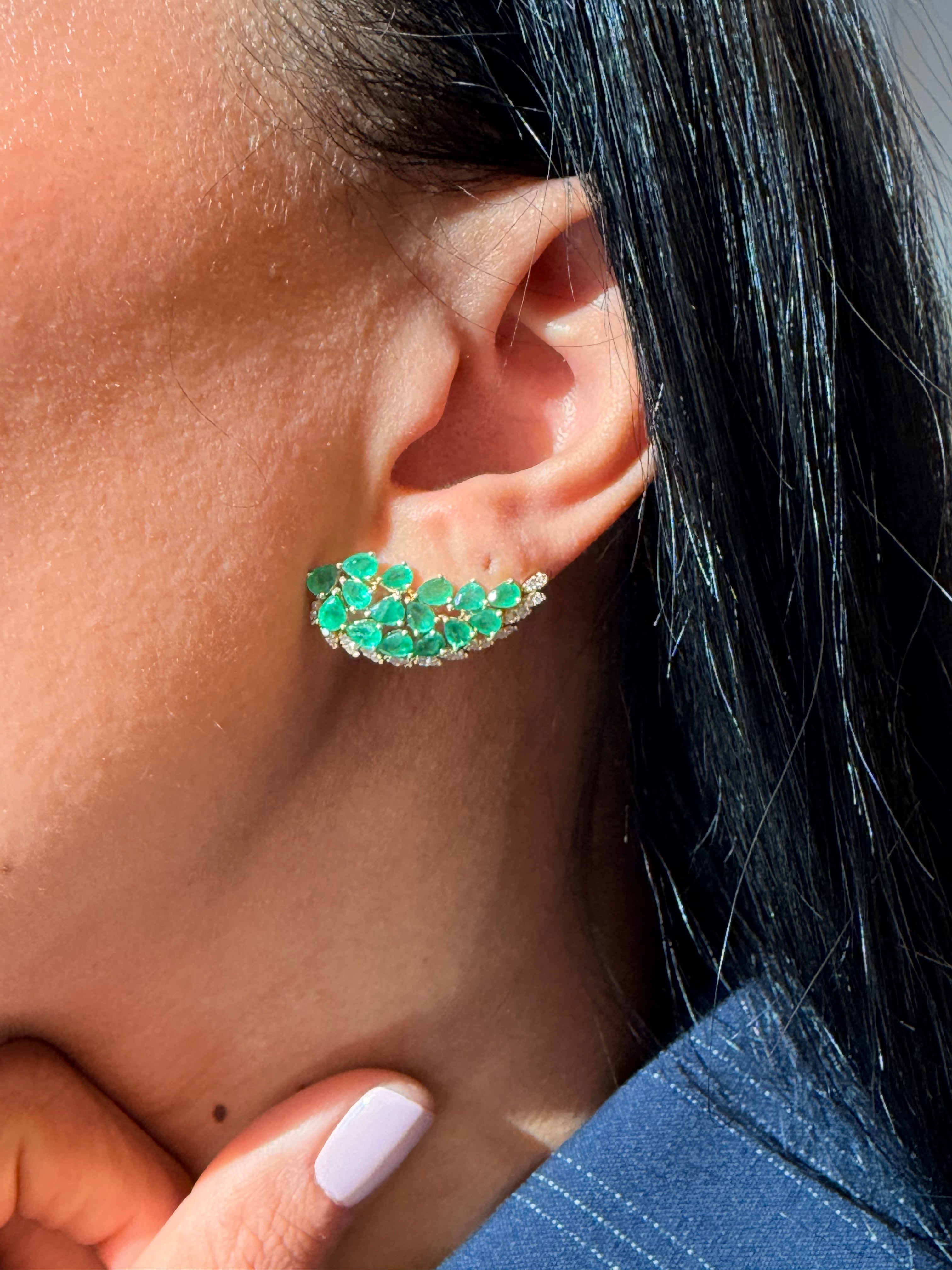 2.60ct Diamond Emerald 18K Gold Wing Climber Earrings