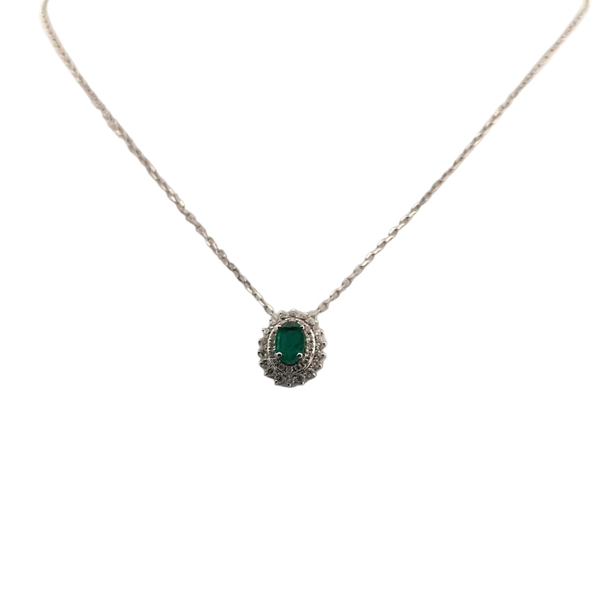 18K White Gold  Oval Emerald Diamond Pendant