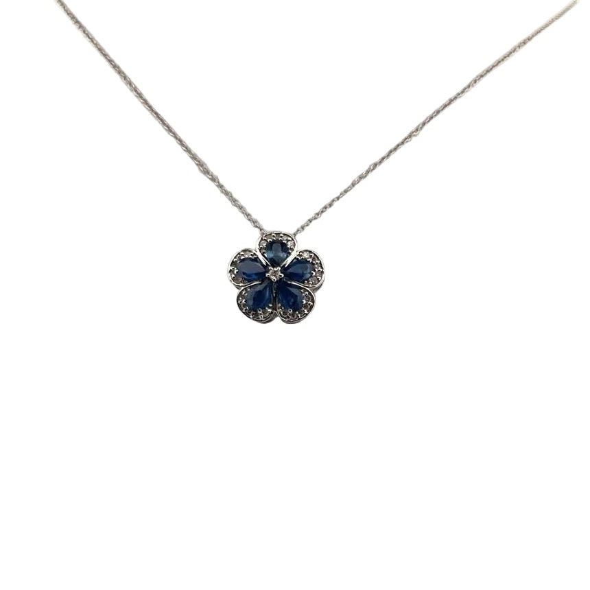 Gold Necklace with Floral Pendant, Diamonds and 5 Stones