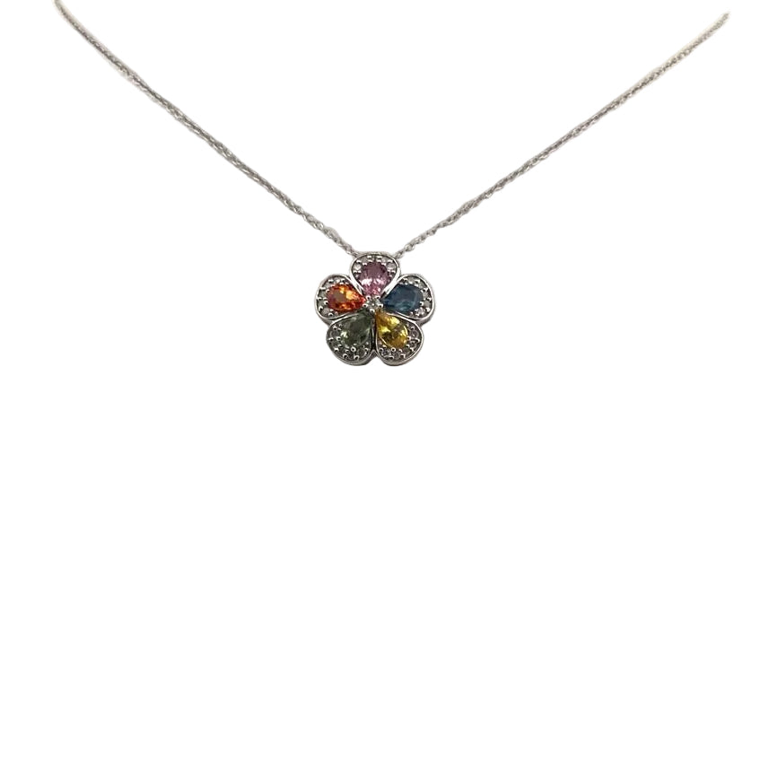 Gold Necklace with Floral Pendant, Diamonds and 5 Stones